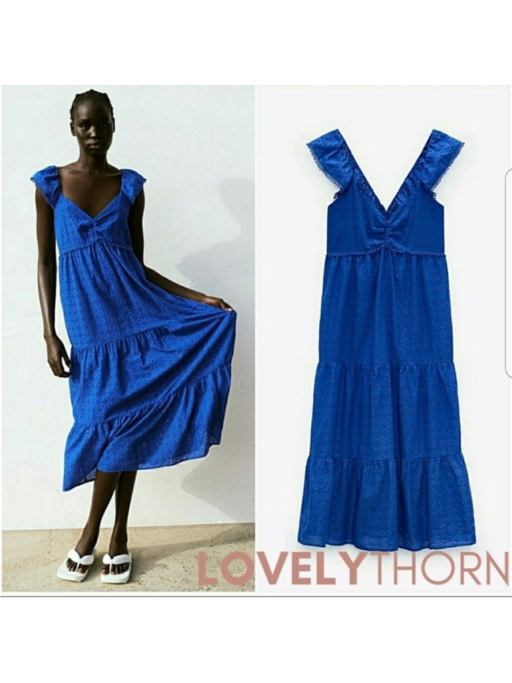 Zara Royal Blue Eyelet Tiered Maxi Dress